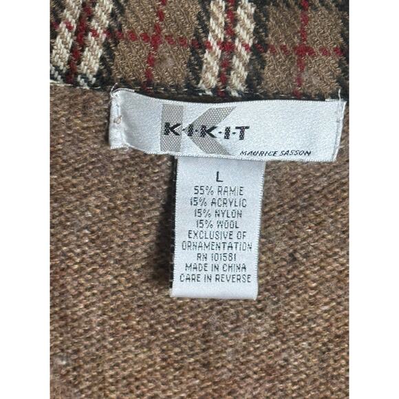 Christmas Sweater Cardigan Brown Wool Blend Plaid Collar Sz L Kikit Cottage Vtg - Picture 4 of 8